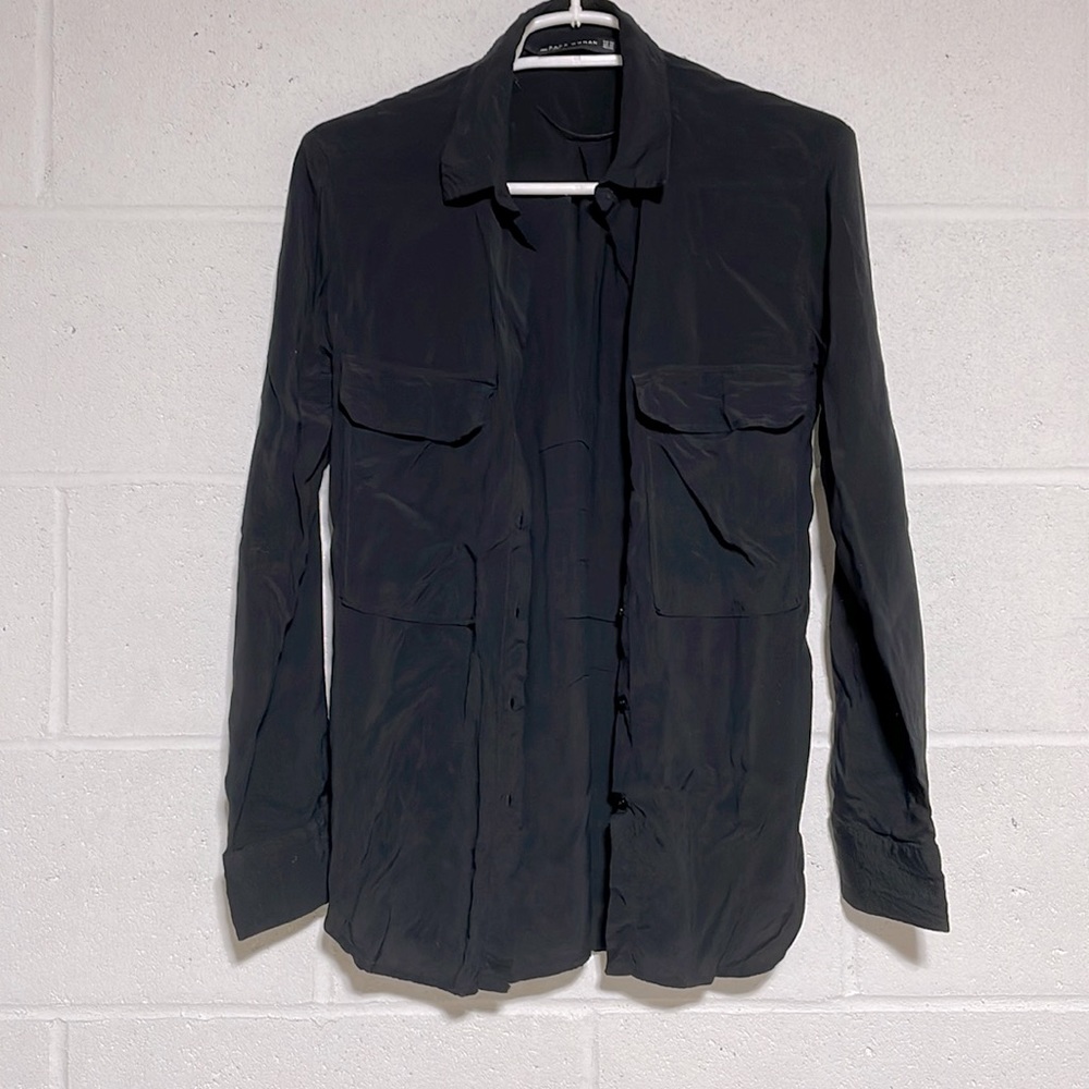 XS black silk blend ZARA woman long sleeve cuff rollup collar shirt button front